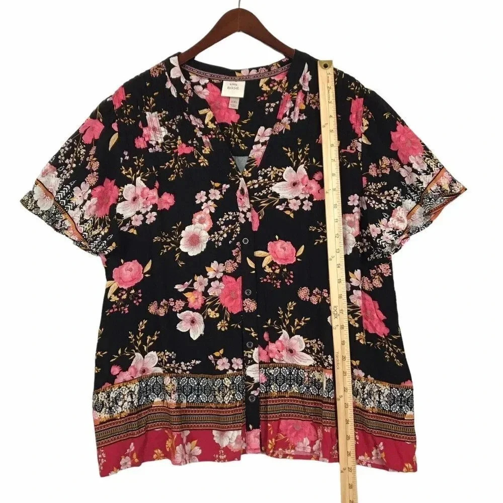 Knox Rose Womens Size XXL 2XL Floral Button Up Short Sleeve Top Shirt Career - Picture 9 of 13